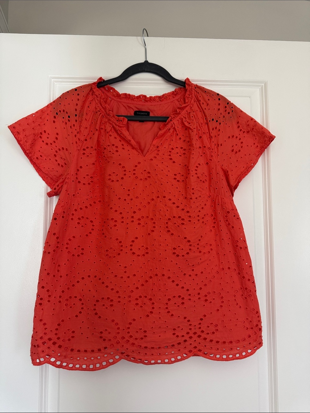 Talbots Red Eyelet Short Sleeve Peasant Top